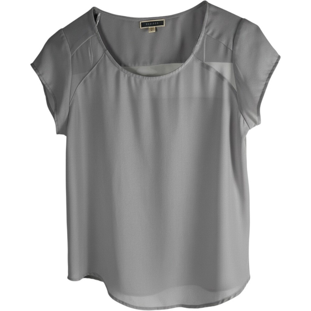 Pleione Blouse Womens Small Gray Short Sleeve Mesh Scoop Neck {Quiet Luxury}